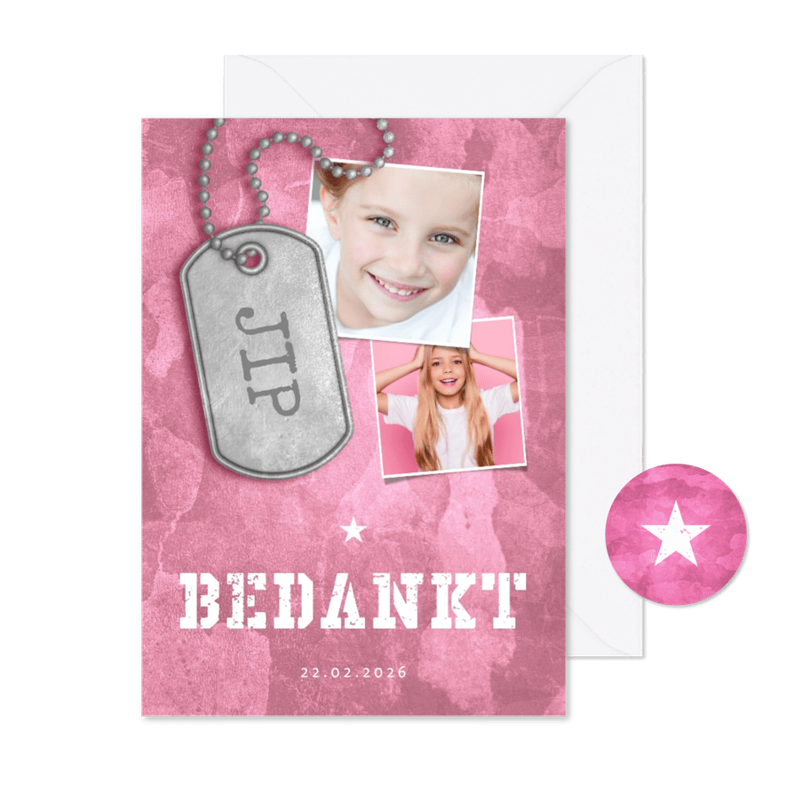 Bedankkaart communie roze stoer met fotos en legerplaatje - Kaartimpressie
