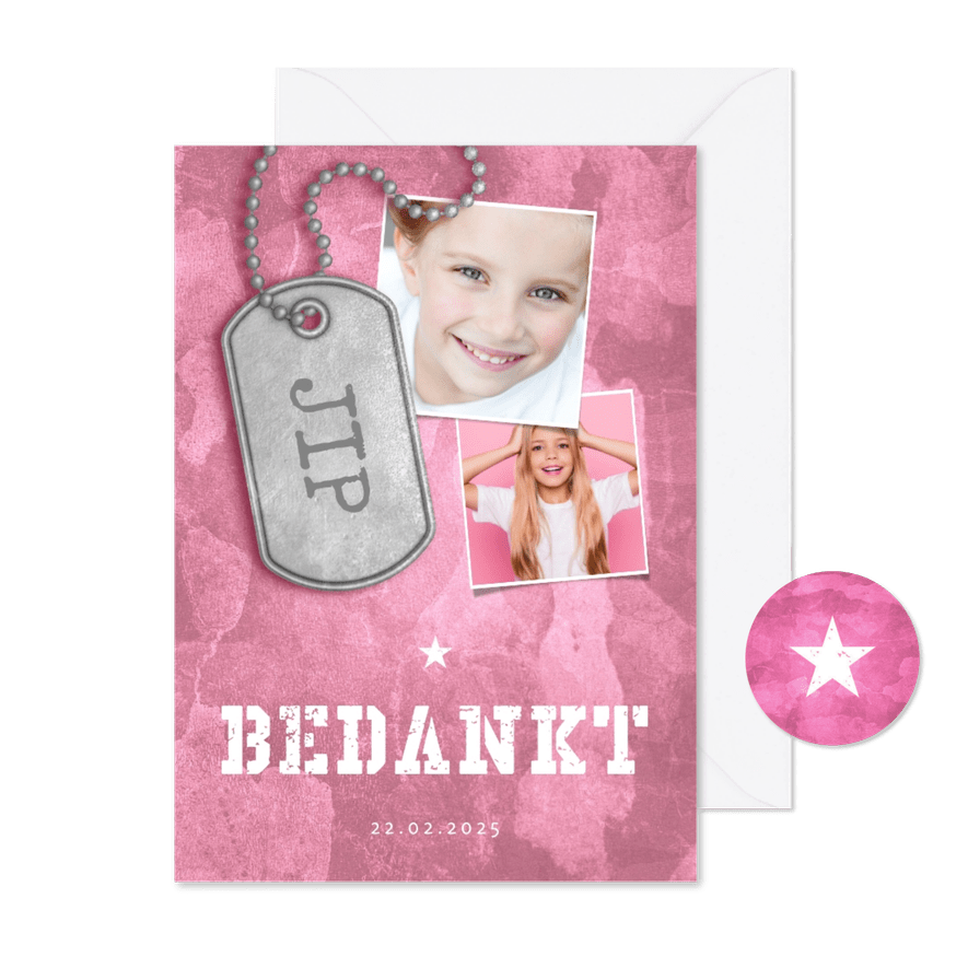 Bedankkaart communie roze stoer met fotos en legerplaatje - Kaartimpressie
