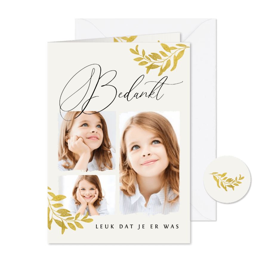 Bedankkaart communie stijlvol goud bladeren verf fotocollage - Kaartimpressie