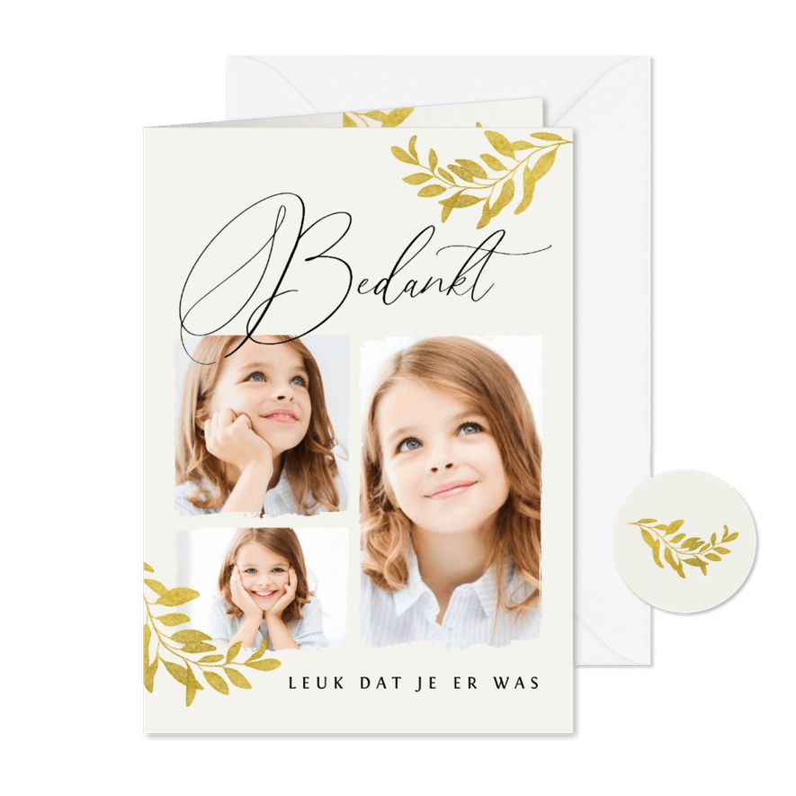 Bedankkaart communie stijlvol goud bladeren verf fotocollage - Kaartimpressie