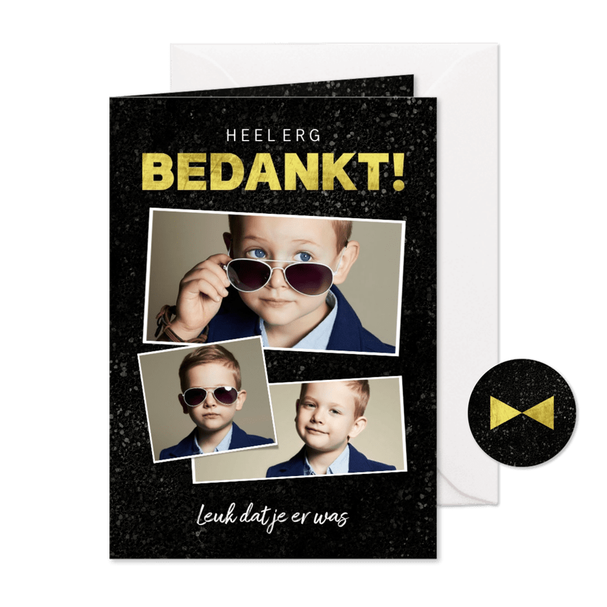 Bedankkaart communie stoer jongen spetters goud fotocollage - Kaartimpressie