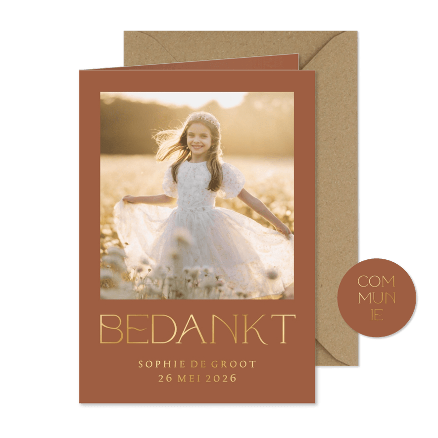 Bedankkaart communie terracotta grote foto met goudfolie - Kaartimpressie