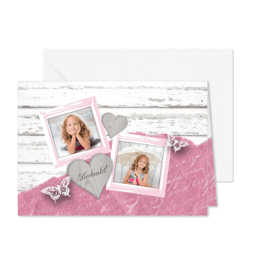 Bedankkaart Communie vintage foto's hartjes - Kaartimpressie