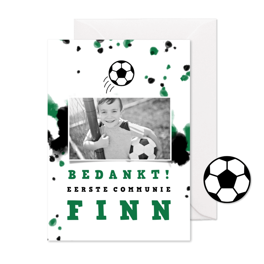 Bedankkaart communie voetbal met foto en spetters - Kaartimpressie