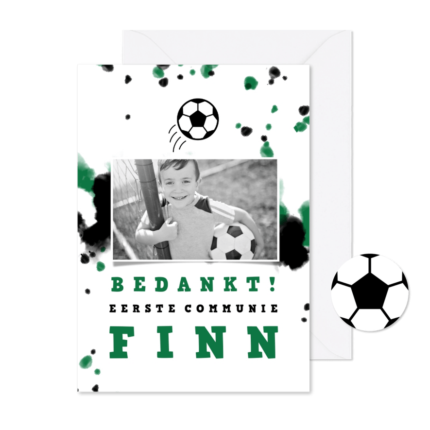 Bedankkaart communie voetbal met foto en spetters - Kaartimpressie