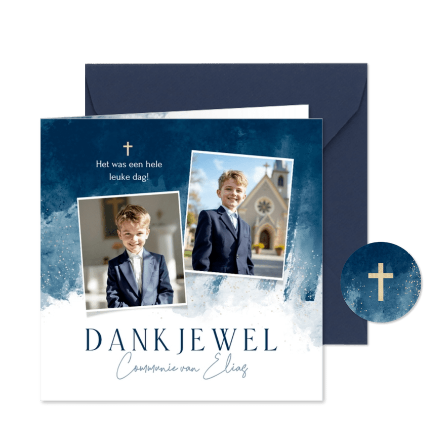 Bedankkaart communie waterverf donkerblauw goud foto - Kaartimpressie
