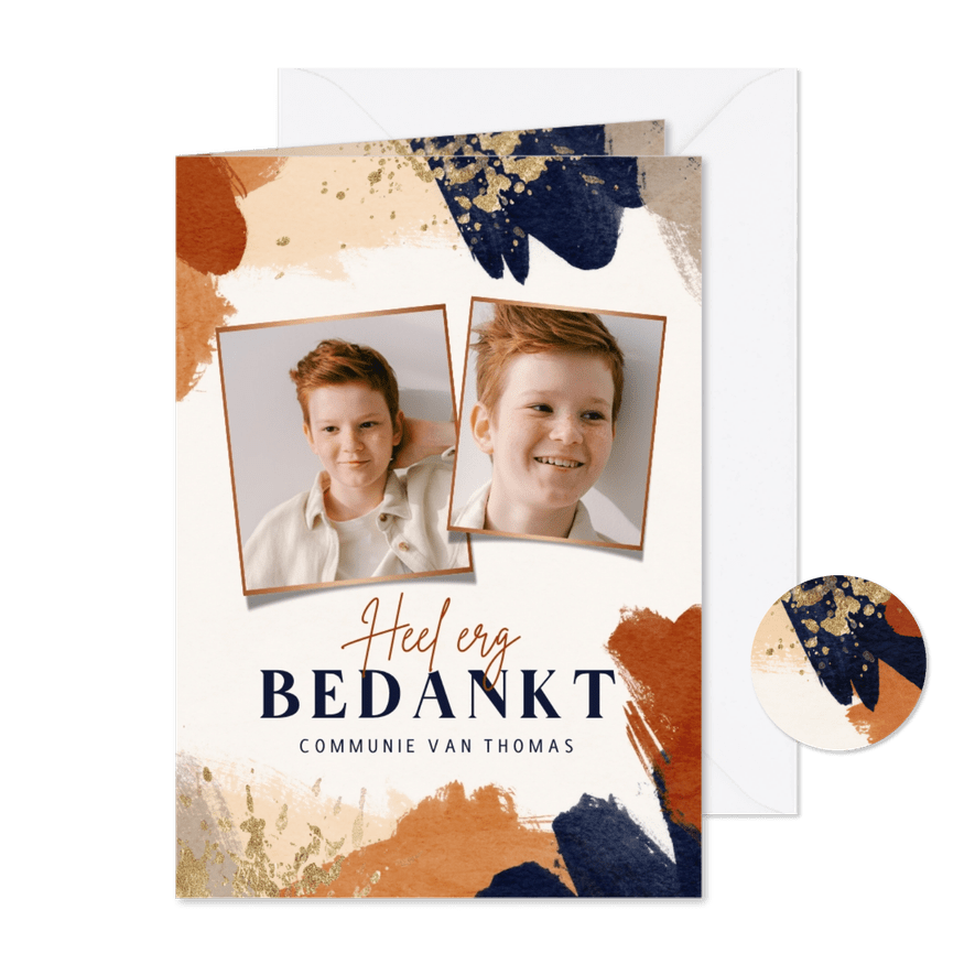 Bedankkaart communiefeest verf terra cotta blauw goud foto - Kaartimpressie