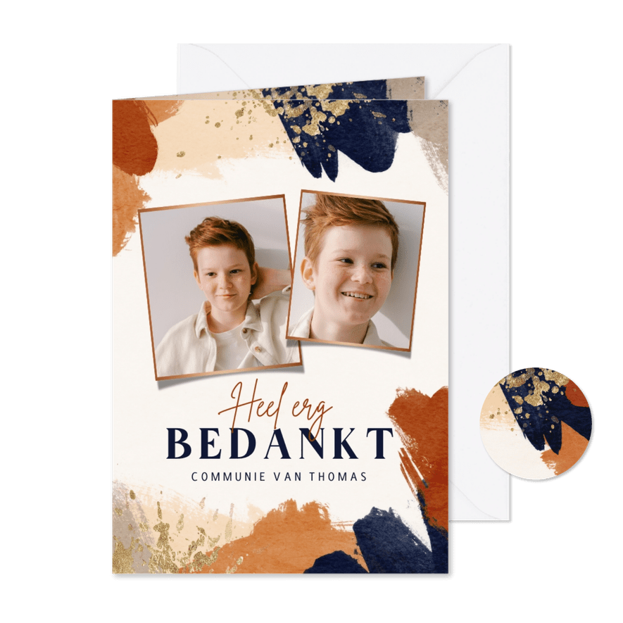 Bedankkaart communiefeest verf terra cotta blauw goud foto - Kaartimpressie