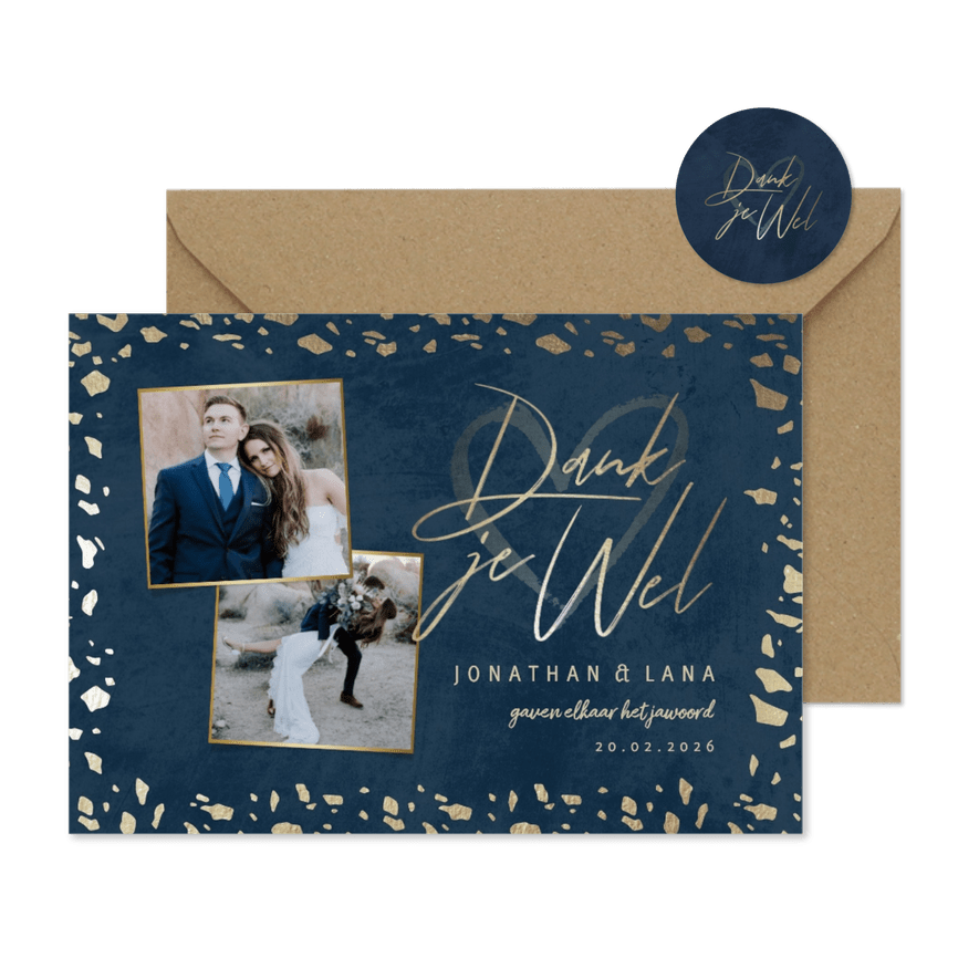 Bedankkaart 'Dank je wel' donkerblauw met terrazzo patroon - Kaartimpressie