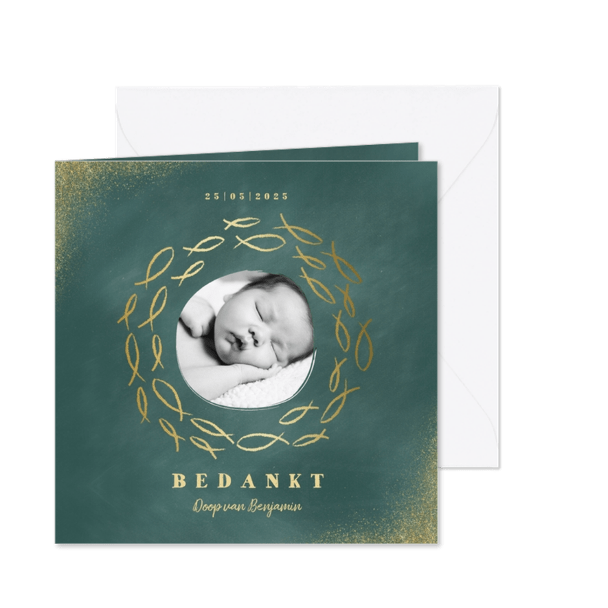 Bedankkaart doop foto en gouden visjes - Kaartimpressie