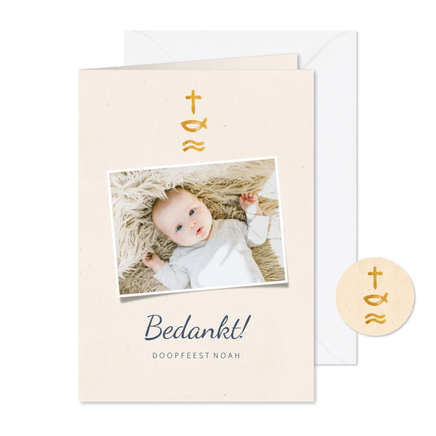 Bedankkaart doopfeest christelijke symbolen en foto - Kaartimpressie