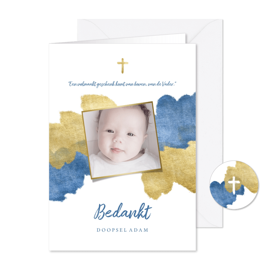 Bedankkaart doopfeest foto metallic blauw - Kaartimpressie
