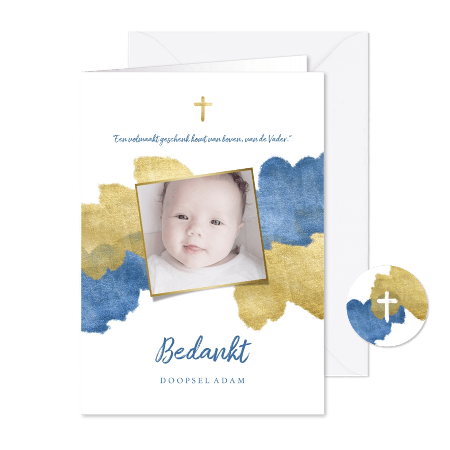 Bedankkaart doopfeest foto metallic blauw - Kaartimpressie