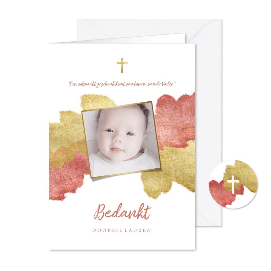 Bedankkaart doopfeest foto metallic roze - Kaartimpressie