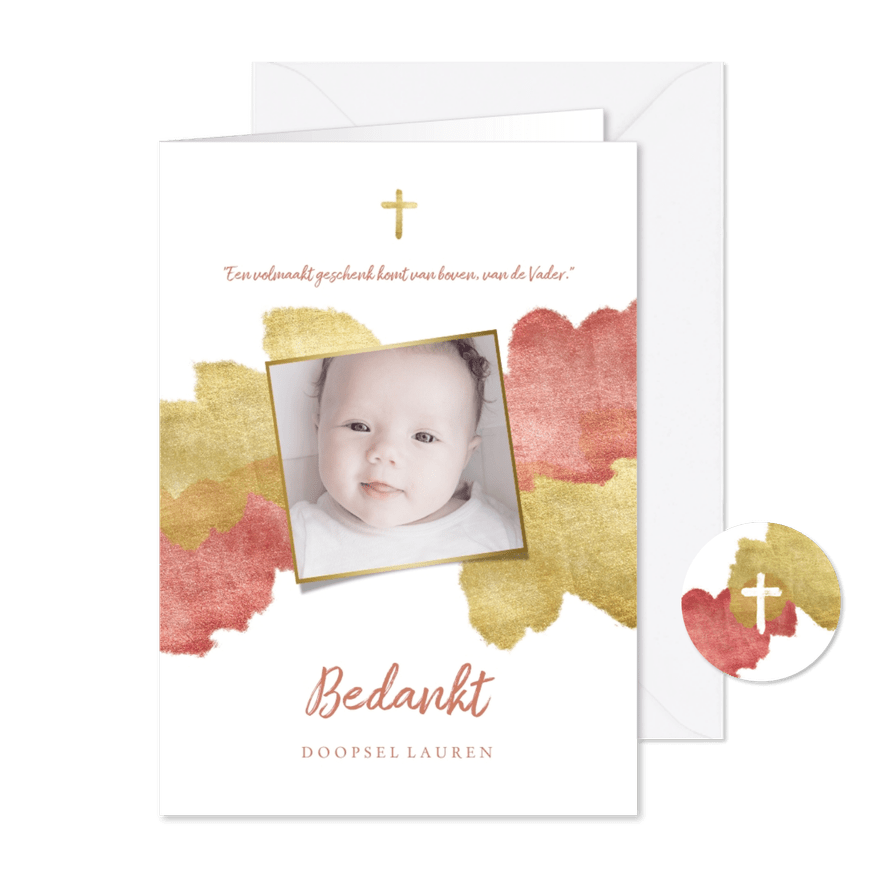 Bedankkaart doopfeest foto metallic roze - Kaartimpressie