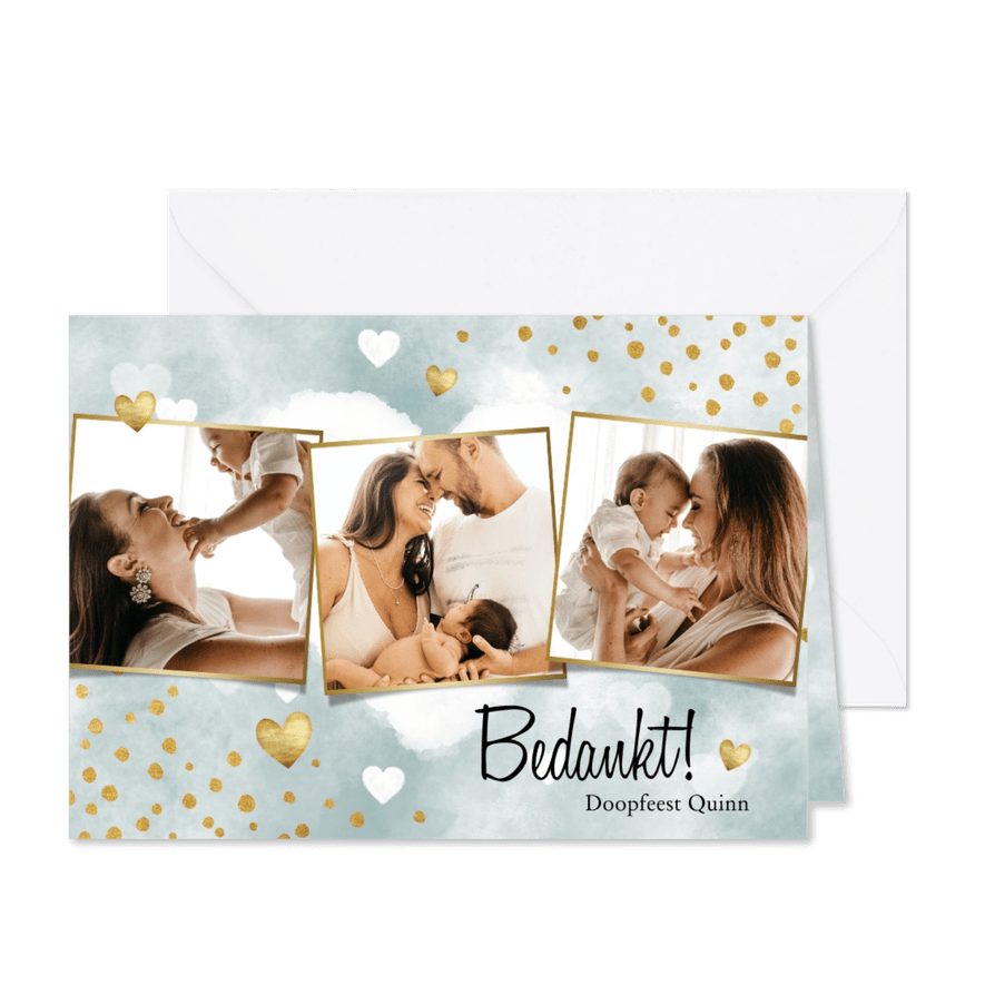 Bedankkaart doopfeest jongen met waterverf, hartjes & foto's - Kaartimpressie