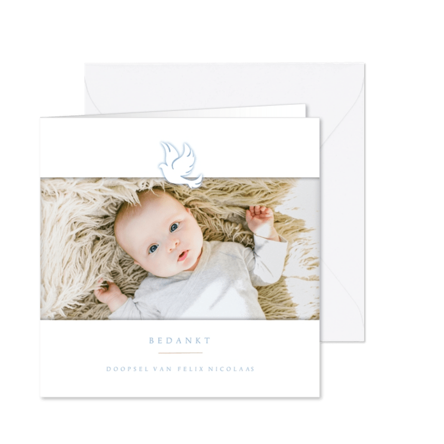 Bedankkaart doopsel foto en blauw duifje - Kaartimpressie
