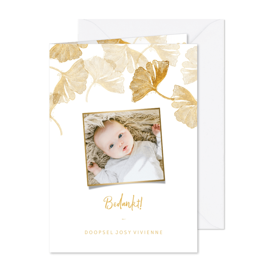 Bedankkaart doopsel ginkgo goud met foto - Kaartimpressie
