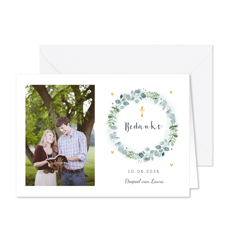 Bedankkaart doopviering met bloemenkrans - Kaartimpressie
