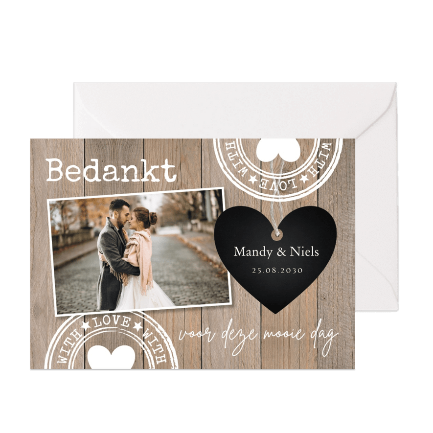 Bedankkaart foto houtlook hartje zwart stempels - Kaartimpressie