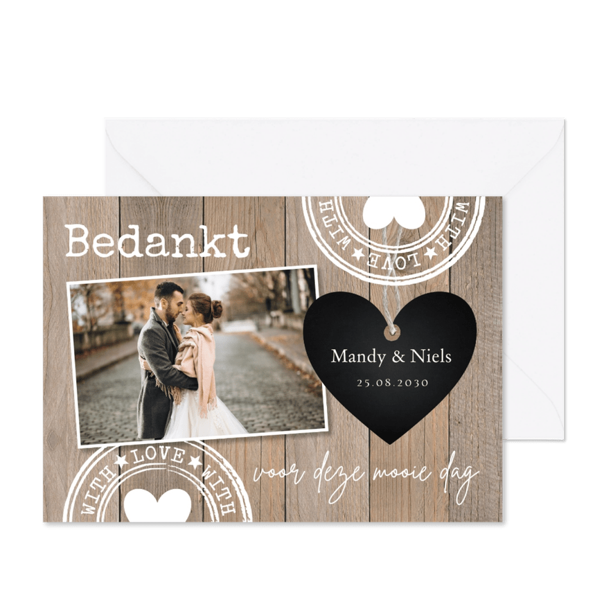 Bedankkaart foto houtlook hartje zwart stempels - Kaartimpressie