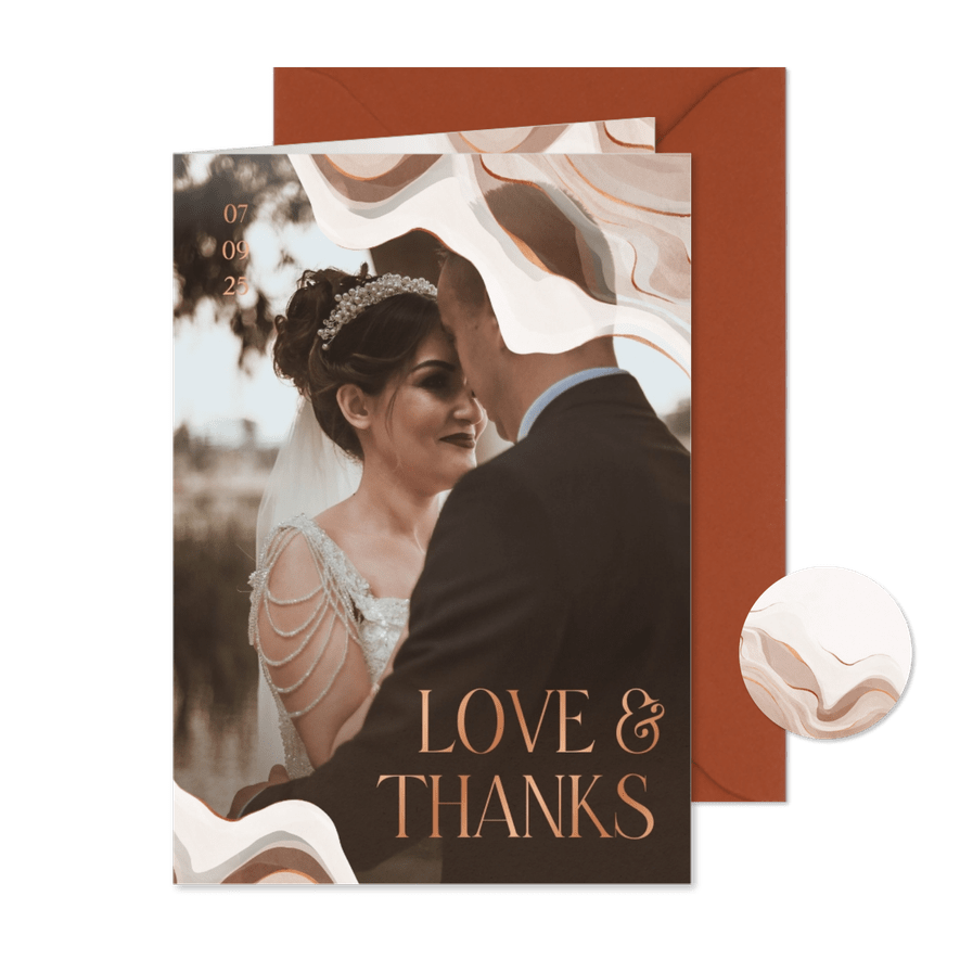 Bedankkaart foto stijlvol met marmereffect en koperfolie - Kaartimpressie