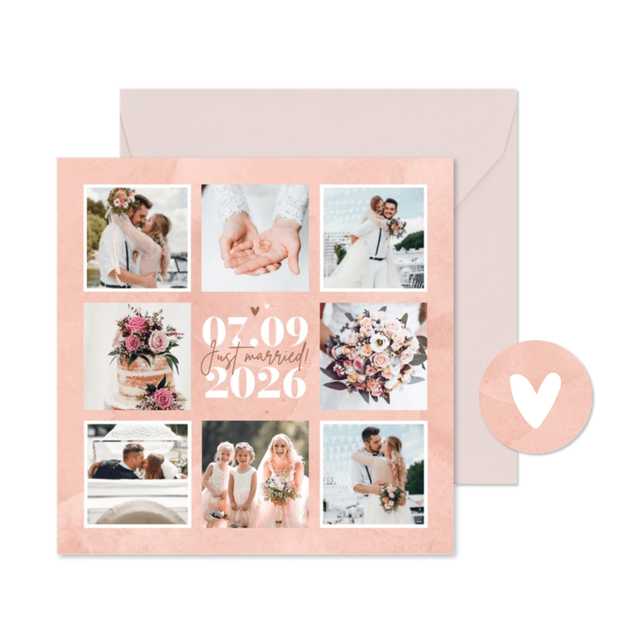 Bedankkaart fotocollage roze waterverf hartjes datum - Kaartimpressie