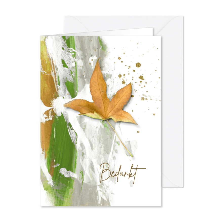 Bedankkaart geel herfstblad met groen - Kaartimpressie