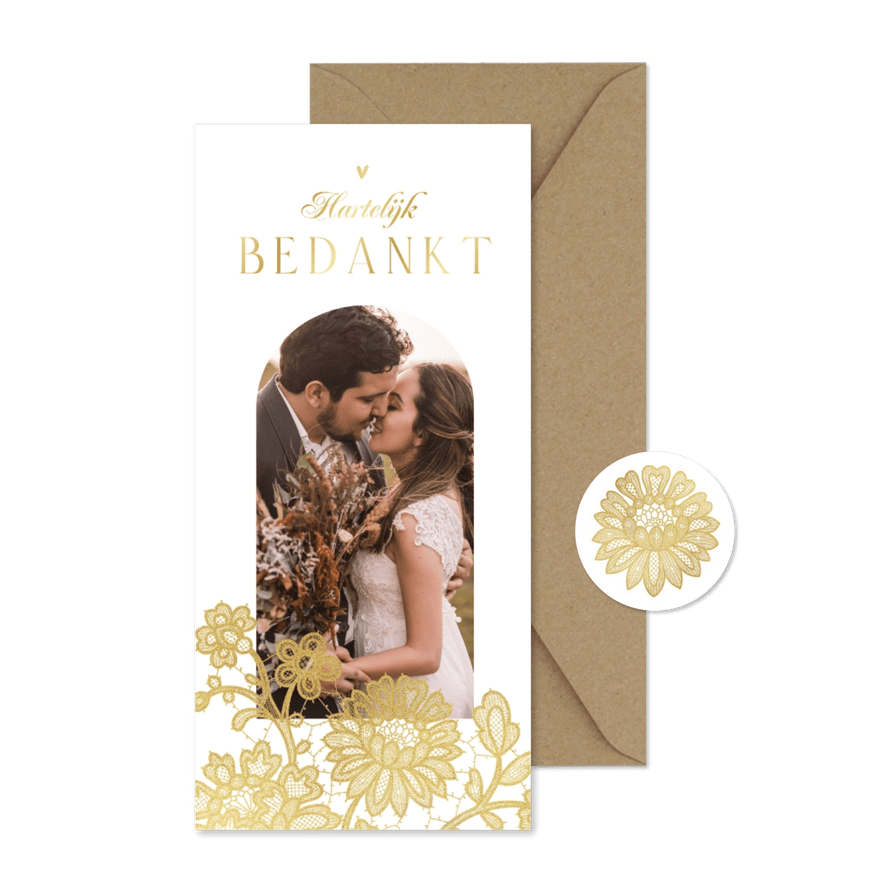 Bedankkaart goud kant bloemen hartjes trouwen - Kaartimpressie