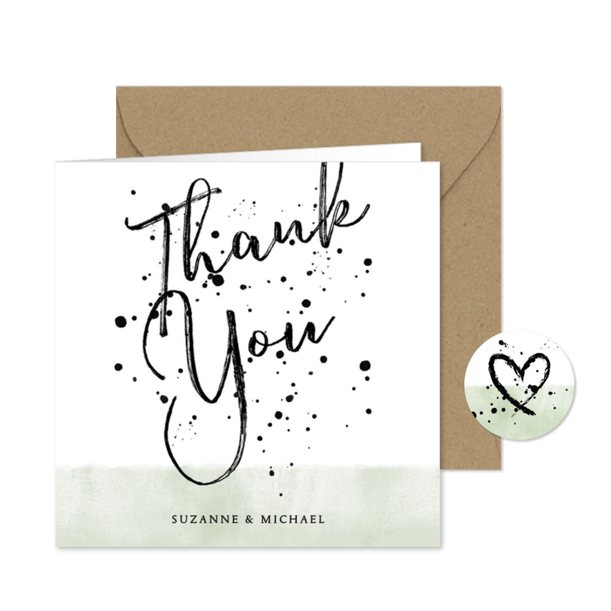 Bedankkaart groene waterverf, typografie en spetters - Kaartimpressie