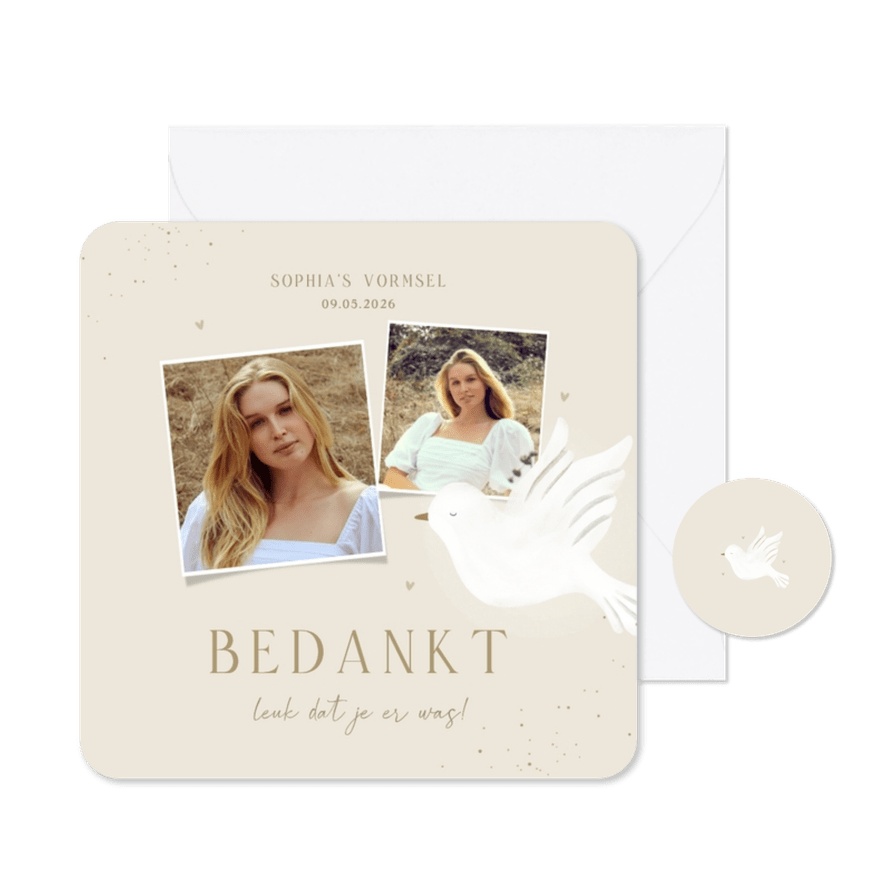 Bedankkaart heilig vormsel beige duif hartjes - Kaartimpressie