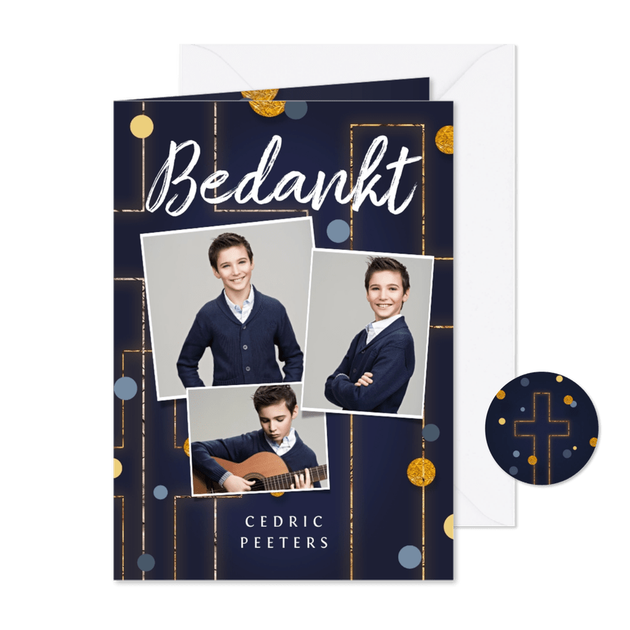 Bedankkaart heilige communie feest goud kruis confetti foto - Kaartimpressie