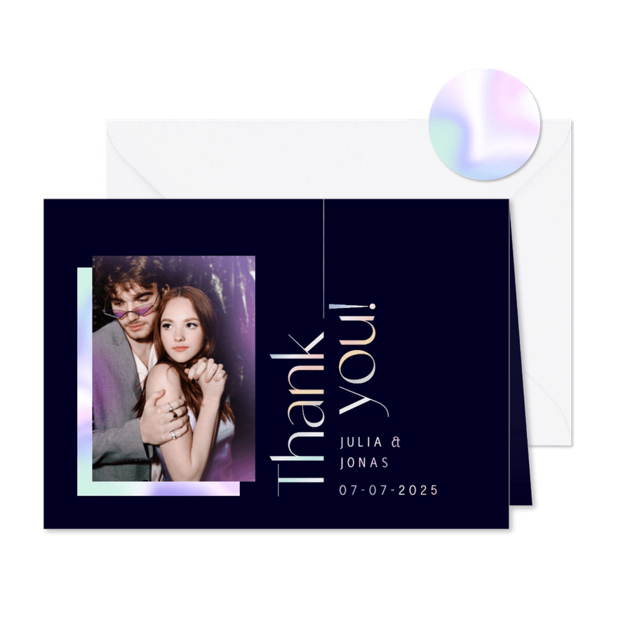 Bedankkaart holografisch trouwen foto thank you modern - Kaartimpressie