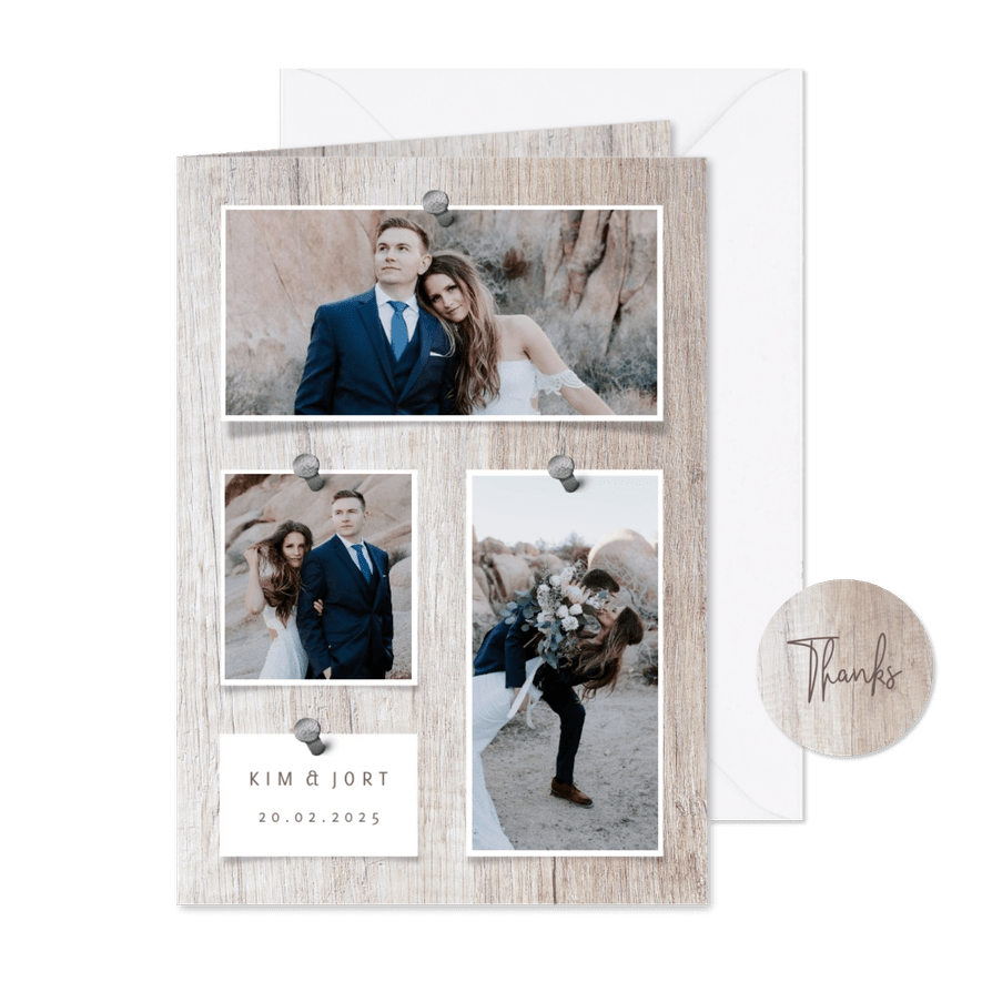 Bedankkaart hout met foto's en spijkers - Kaartimpressie