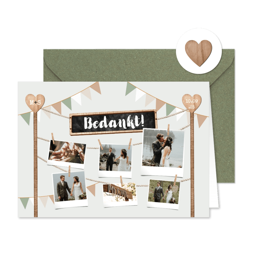 Bedankkaart houtlook festival style wegwijzers fotocollage - Kaartimpressie