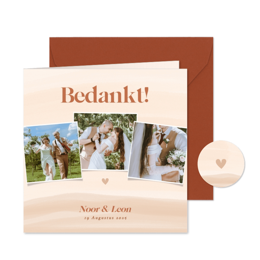 Bedankkaart huwelijk met waterverf in beige oranje tinten - Kaartimpressie