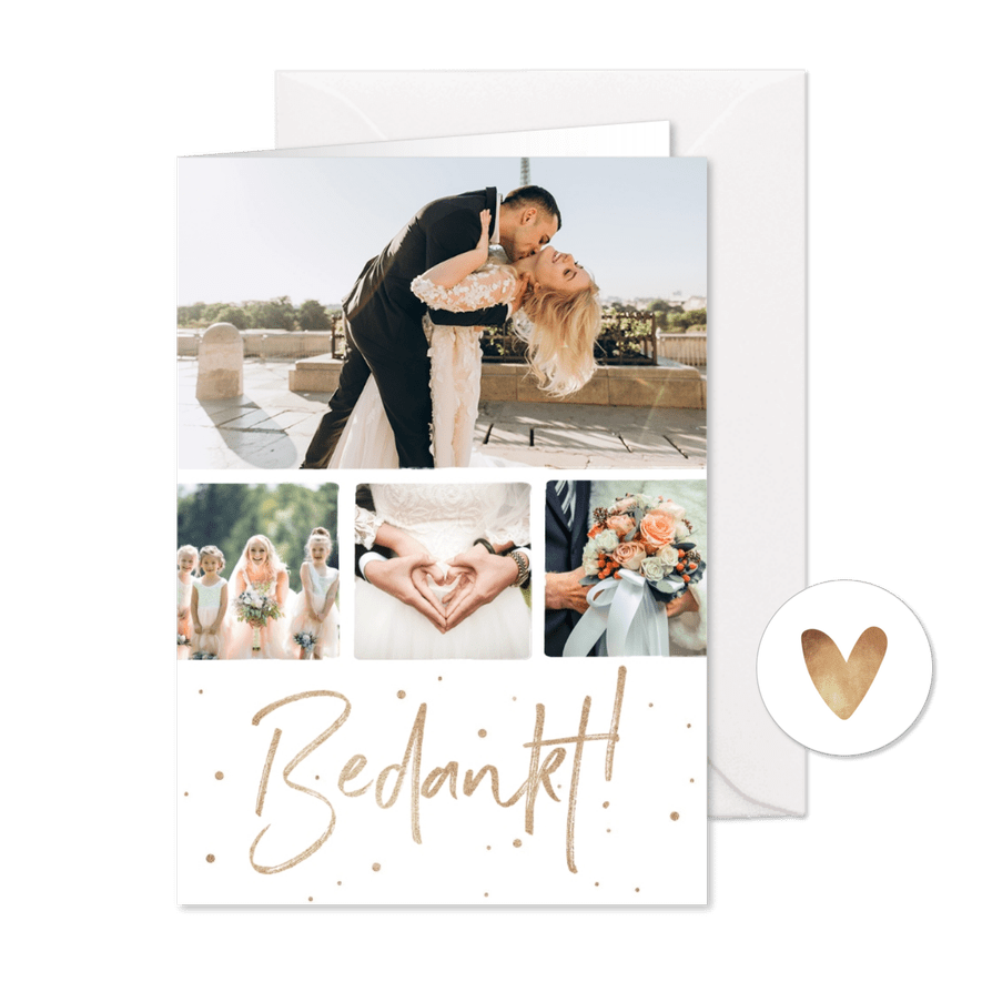 Bedankkaart huwelijk stijlvol goudlook confetti fotocollage - Kaartimpressie