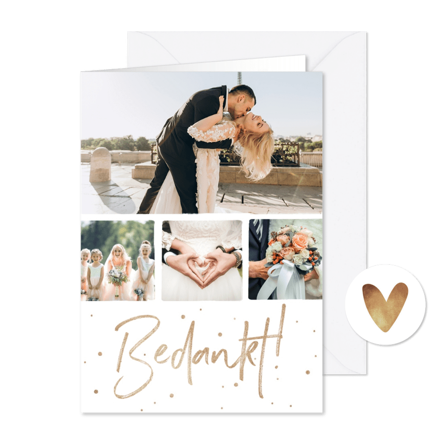 Bedankkaart huwelijk stijlvol goudlook confetti fotocollage - Kaartimpressie