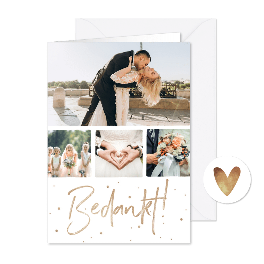 Bedankkaart huwelijk stijlvol goudlook confetti fotocollage - Kaartimpressie