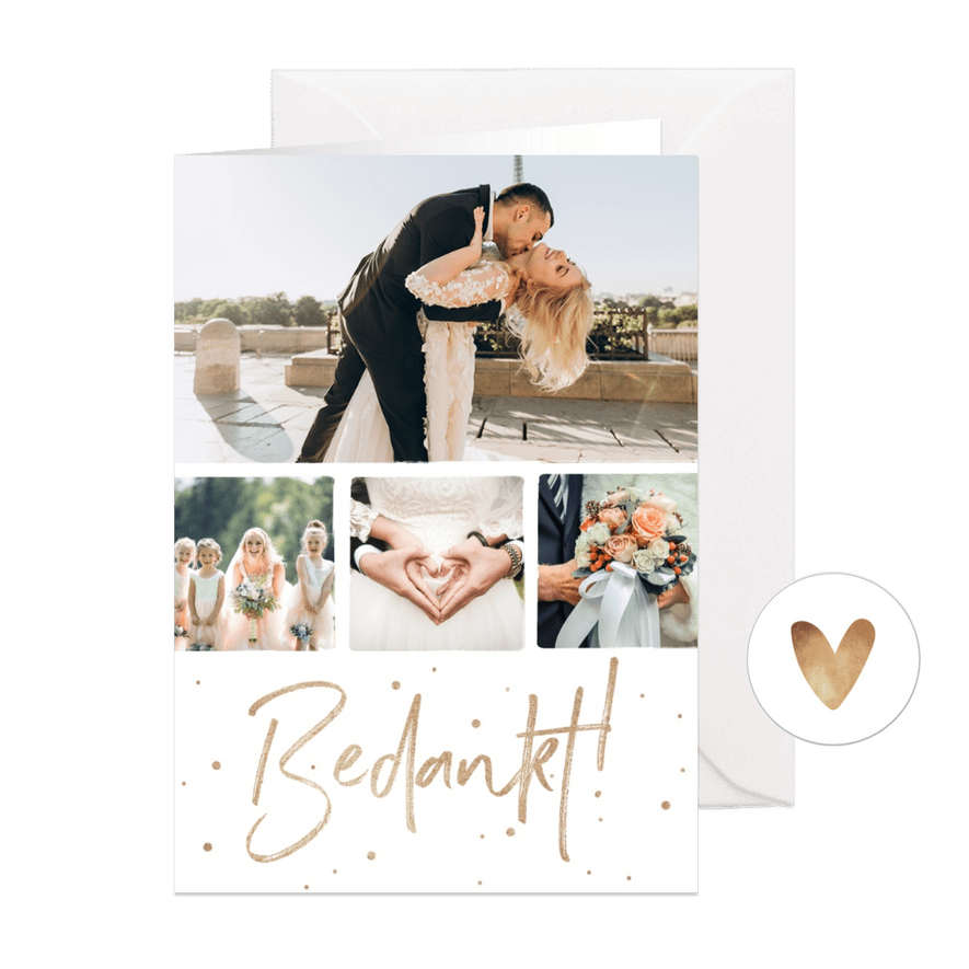 Bedankkaart huwelijk stijlvol goudlook confetti fotocollage - Kaartimpressie