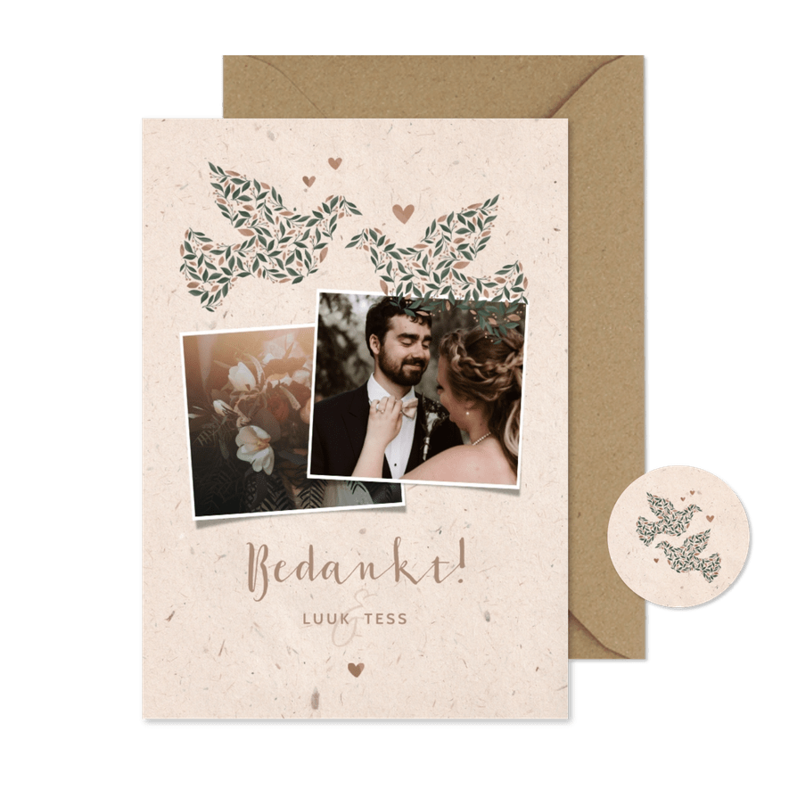 Bedankkaart kraftlook met duiven van bloemen - Kaartimpressie
