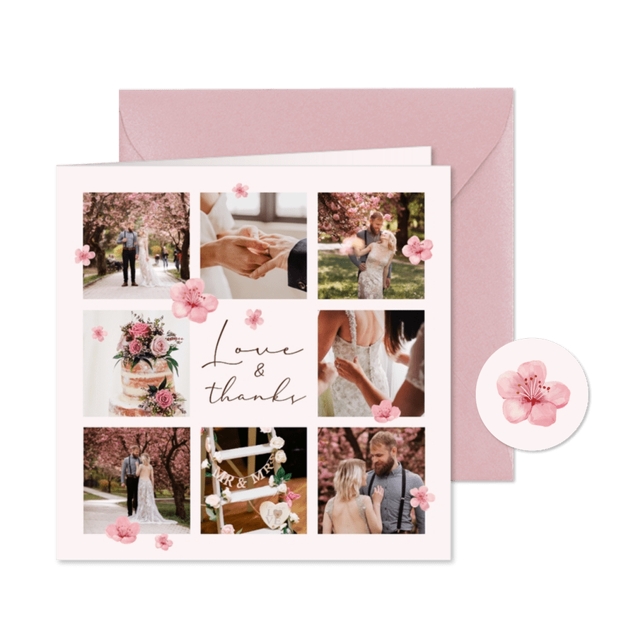 Bedankkaart lente bruiloft fotocollage roze bloesem - Kaartimpressie