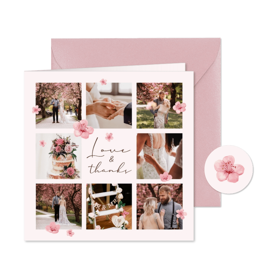 Bedankkaart lente bruiloft fotocollage roze bloesem - Kaartimpressie