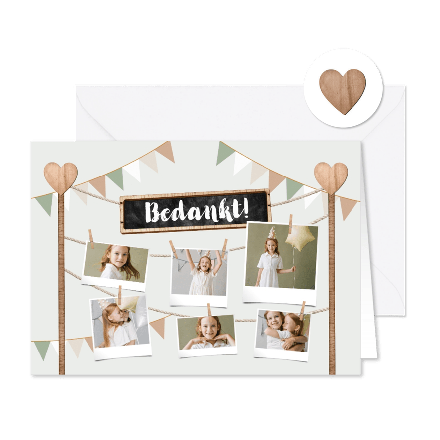 Bedankkaart lentefeest communie fotoslinger hartjes - Kaartimpressie
