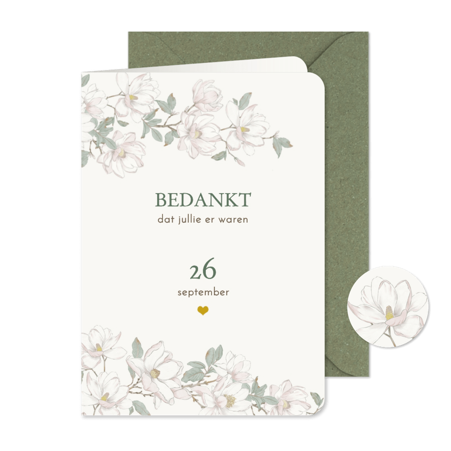 Bedankkaart magnoliabloemen met hartjes - Kaartimpressie