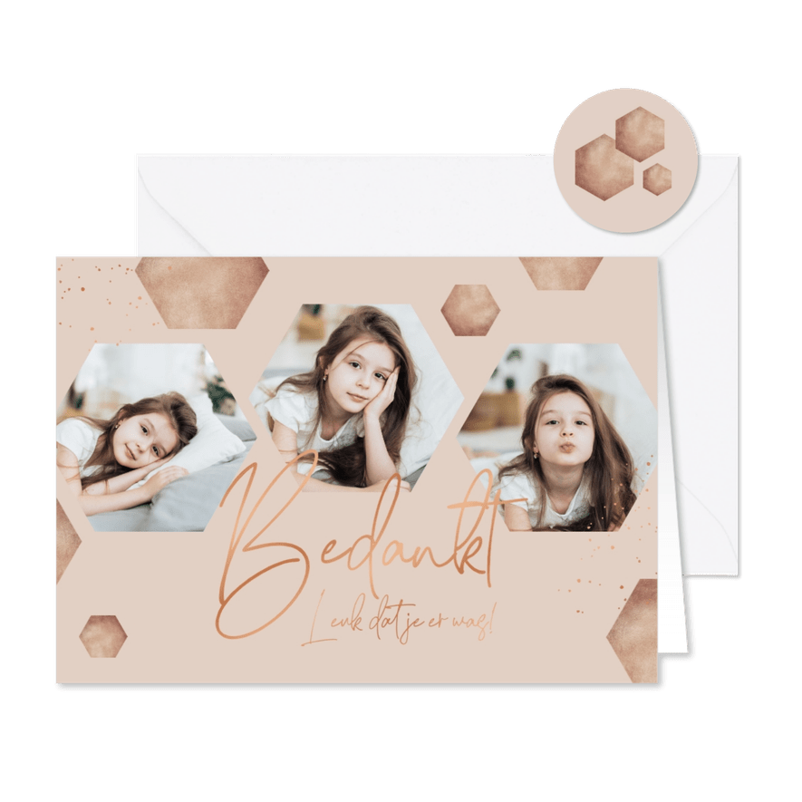 Bedankkaart meisje hexagons goud koper foto - Kaartimpressie