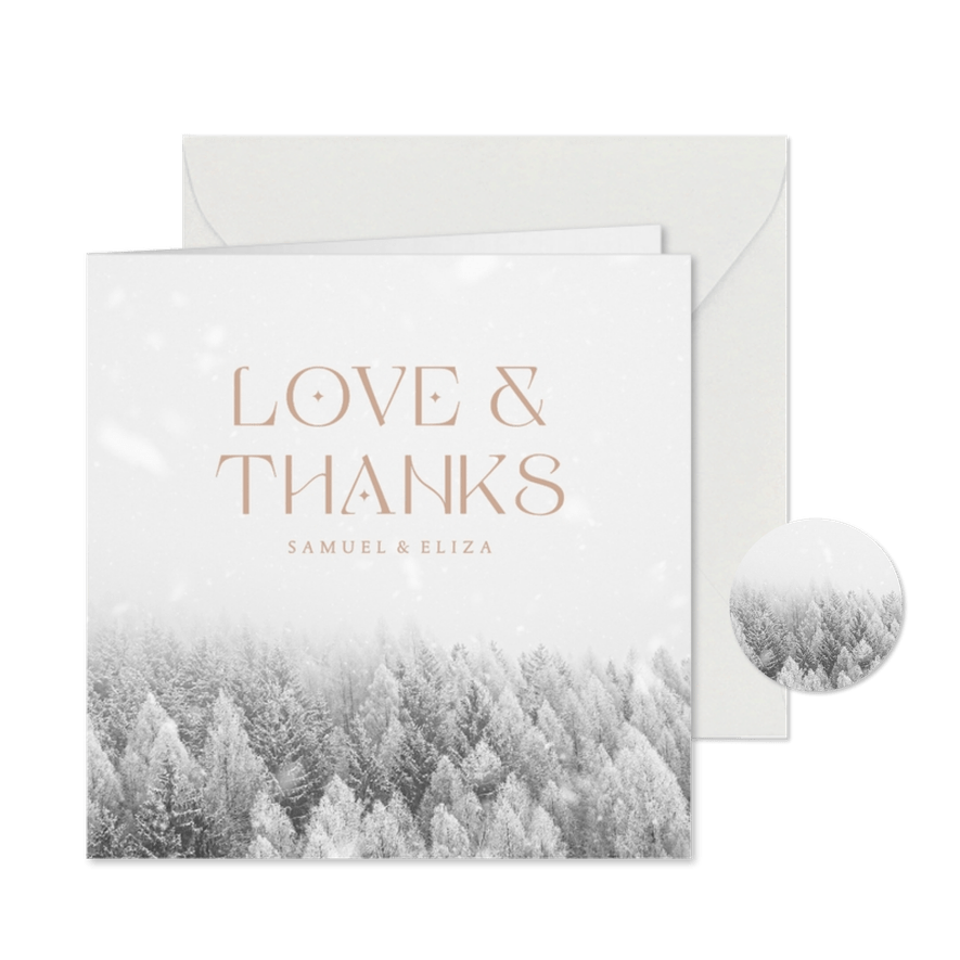 Bedankkaart met besneeuwd bos love and thanks - Kaartimpressie