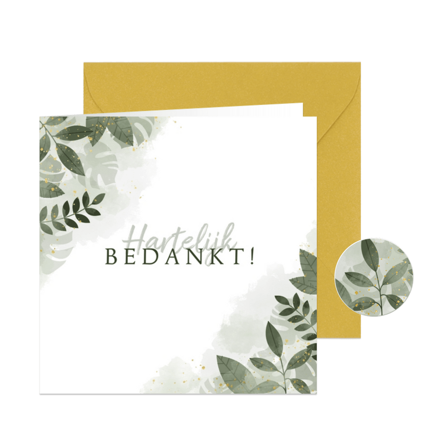 Bedankkaart met botanische print, waterverf en spetters - Kaartimpressie