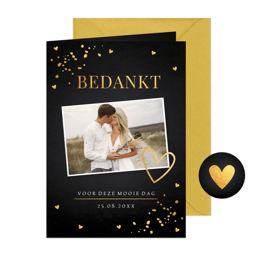 Bedankkaart met foto bruiloft zwart goudlook hartjes - Kaartimpressie