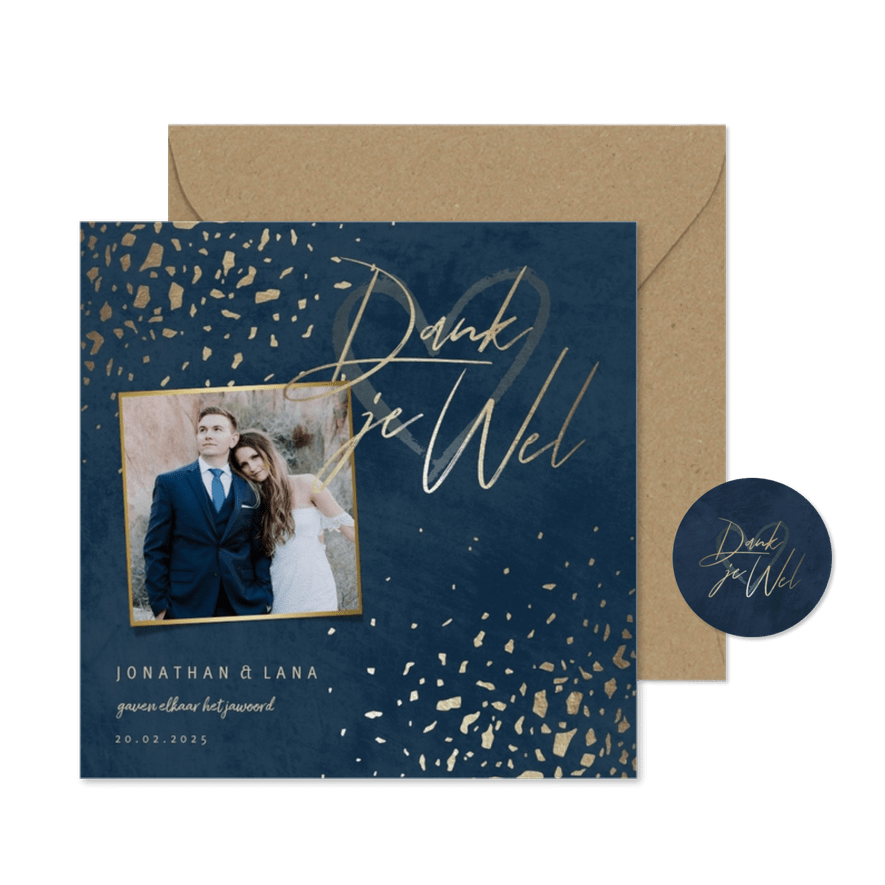 Bedankkaart met foto donkerblauw met terrazzo patroon - Kaartimpressie